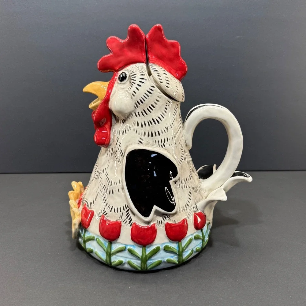 Blue Sky Heather Goldminc Rooster Teapot Ceramic Red Tulip 18363 Farmhouse Decor